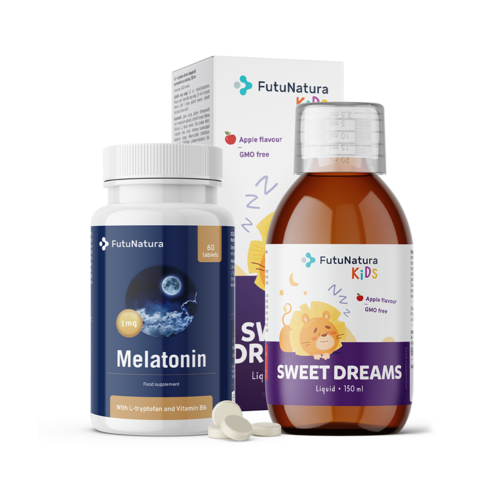 Mirna noć: melatonin + tekući dodatak prehrani za djecu, komplet